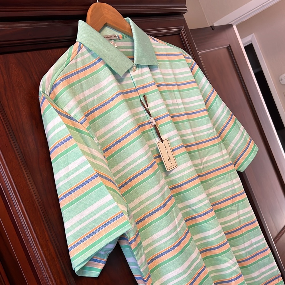 New Peter Millar Green, Blue & Orange Striped Performance Golf Polo 100% Cotton!